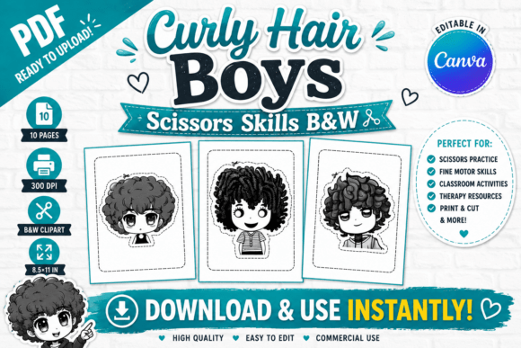 Curly Hair Boys Scissors Skills B&W: A Designer's Asset