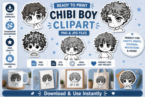 Printable Curly Hair Boys Stickers B&W for Modern Design